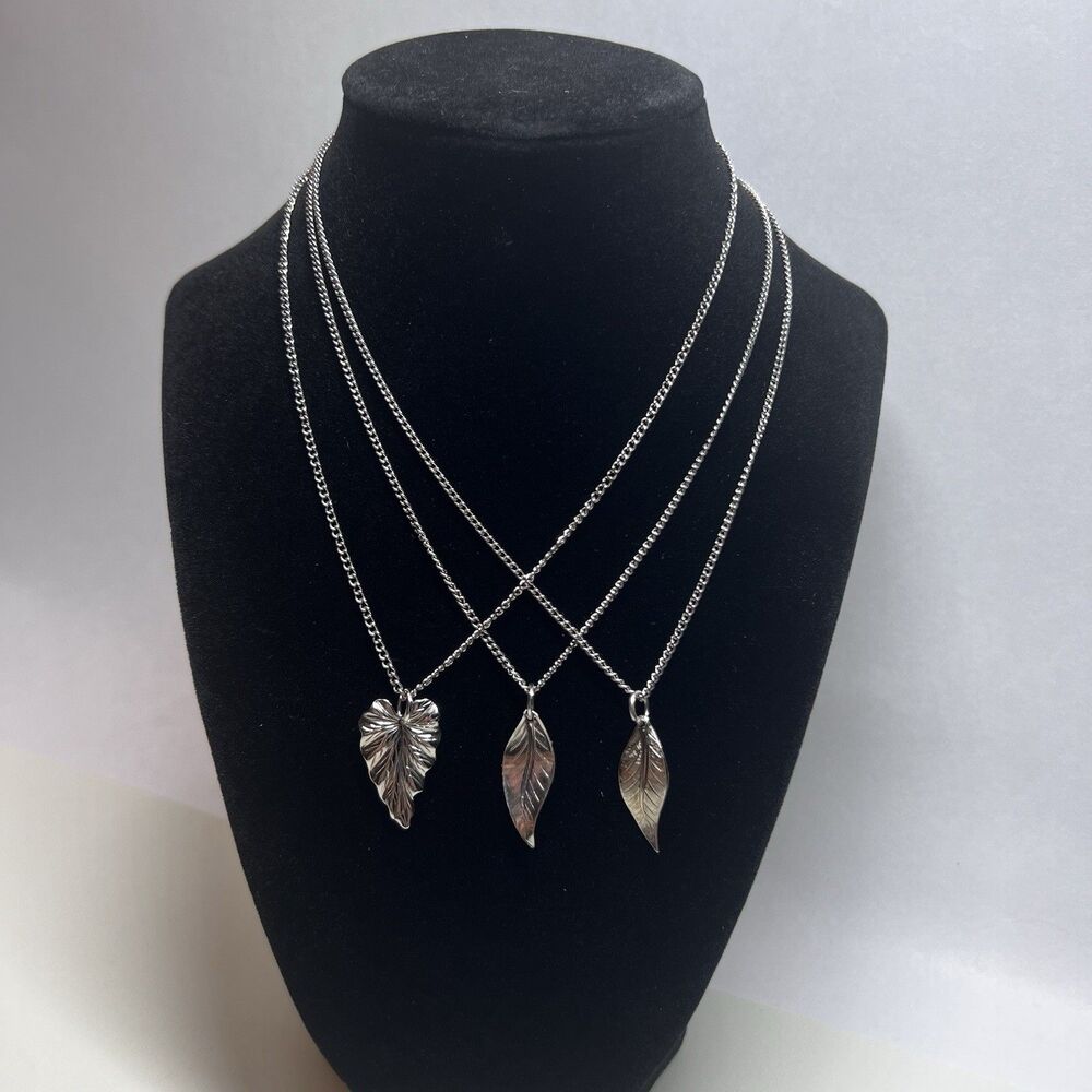 Lot of 3 Silver Tone Leaf Pendant Necklaces Textured Botanical Layering Nature